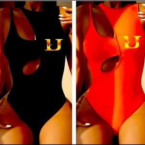 Bathing suits comes in orange and black small medium large